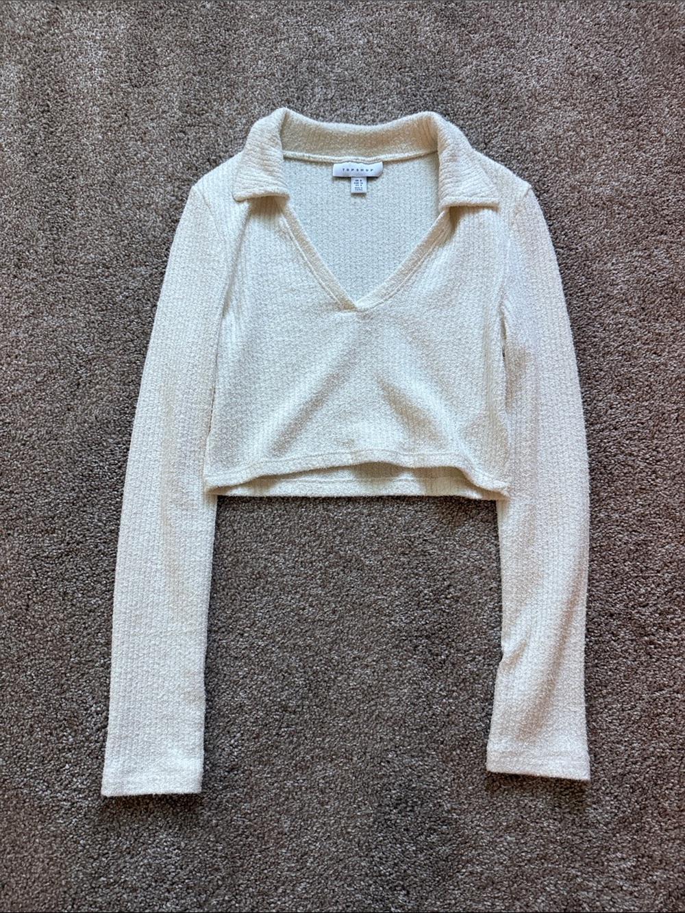 Topshop Cream Cropped Collared V-Neck Long Sleeve Top
